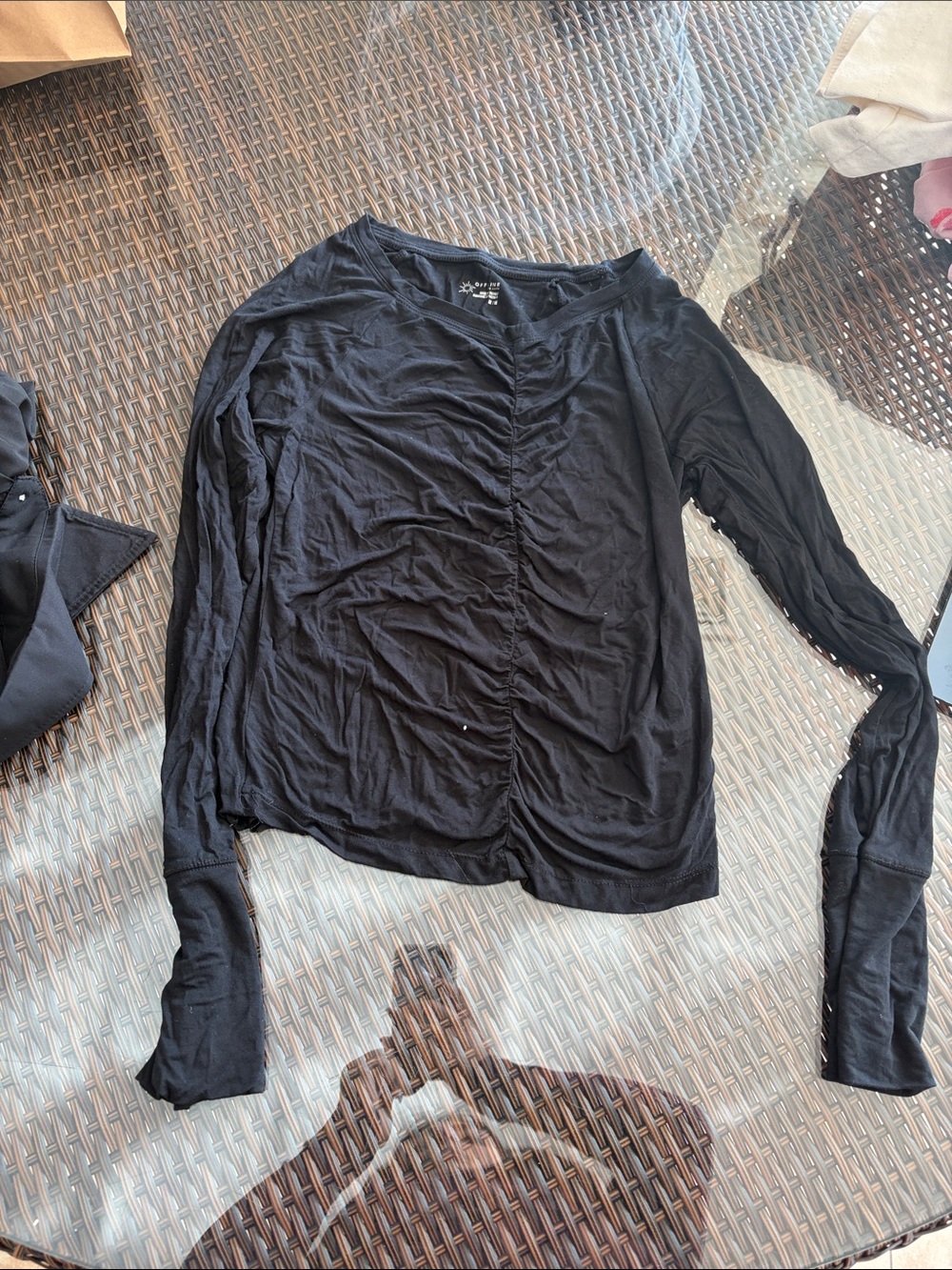 aerie Black Ruched Front Long-Sleeve Top